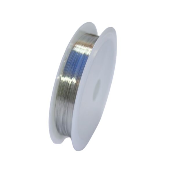 Close-up image of 0.2mm 20m silver-plated copper wire neatly coiled, showcasing its smooth, shiny finish and flexibility for jewelry making.
