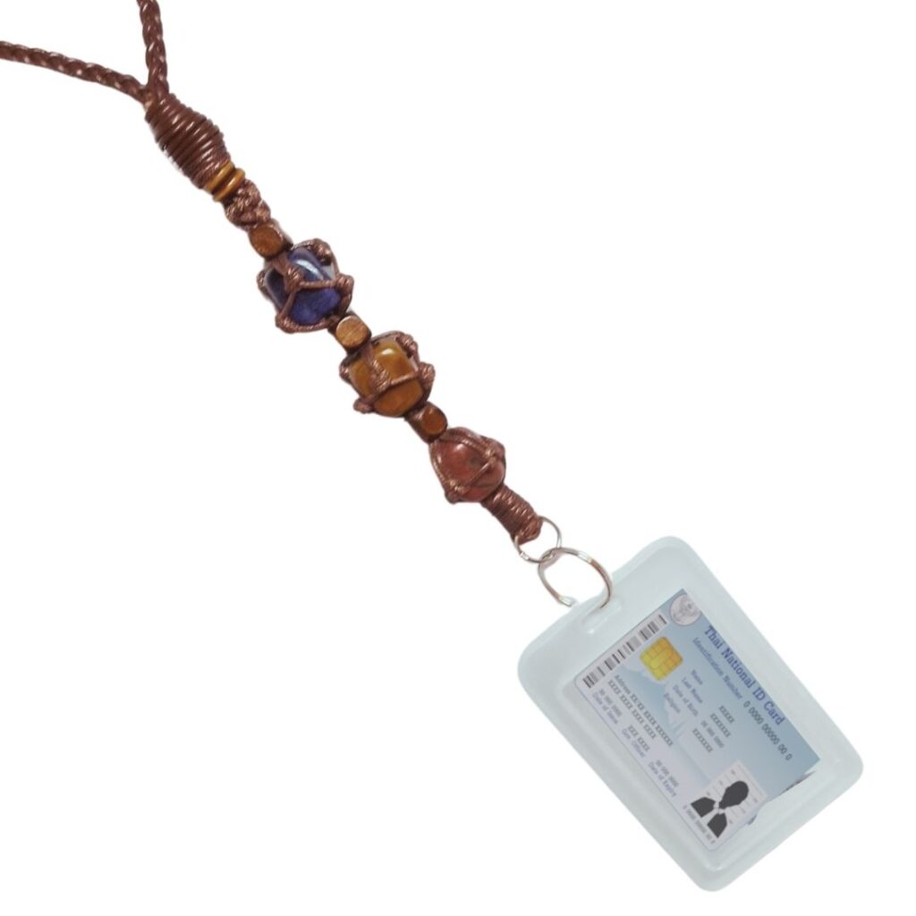 Why Handcrafted Jewelry Matters: Image of three semi-precious gemstone leather office ID lanyards, showcasing unique artisan craftsmanship and vibrant color combinations.
