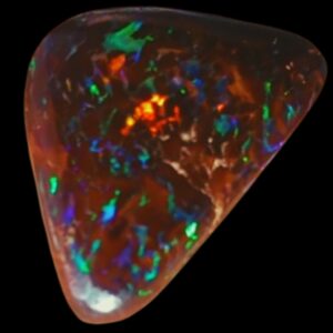 A close-up image of a vibrant Boulder Opal, showcasing its striking play of color with rich blues, greens, and fiery oranges. The stone's natural matrix of dark brown and black rock contrasts beautifully with the bright iridescent hues, highlighting its unique, organic texture., showcasing its striking play of color with rich blues, greens, and fiery oranges. The stone's natural matrix of dark brown and black rock contrasts beautifully with the bright iridescent hues, highlighting its unique, organic texture.