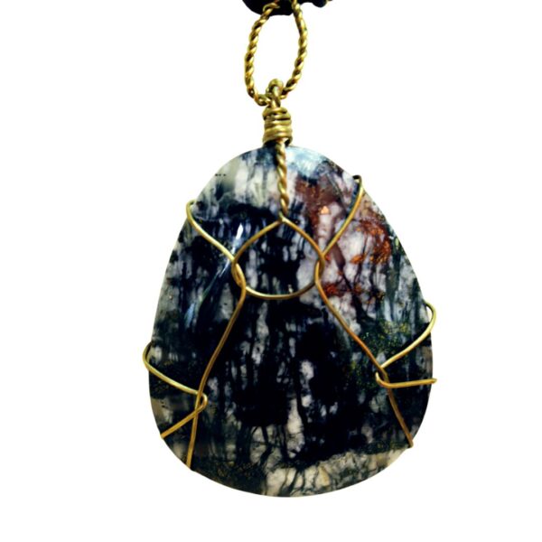Rare Chalcedony Pyrite Agate wire wrapped leather Necklace Adjustable