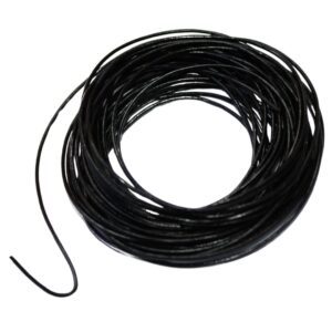 Close-up image of 2mm 5m black leather cord, neatly coiled, showcasing its genuine leather texture, strength, and flexibility for jewelry making and crafting.
