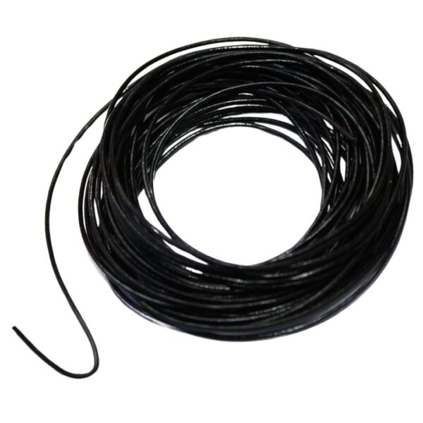 Close-up image of 2mm 5m black leather cord, neatly coiled, showcasing its genuine leather texture, strength, and flexibility for jewelry making and crafting.