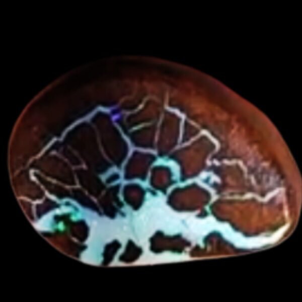 A close-up image of a vibrant Boulder Opal, showcasing its striking play of color with rich blues, greens, and fiery oranges. The stone's natural matrix of dark brown and black rock contrasts beautifully with the bright iridescent hues, highlighting its unique, organic texture., showcasing its striking play of color with rich blues, greens, and fiery oranges. The stone's natural matrix of dark brown and black rock contrasts beautifully with the bright iridescent hues, highlighting its unique, organic texture.