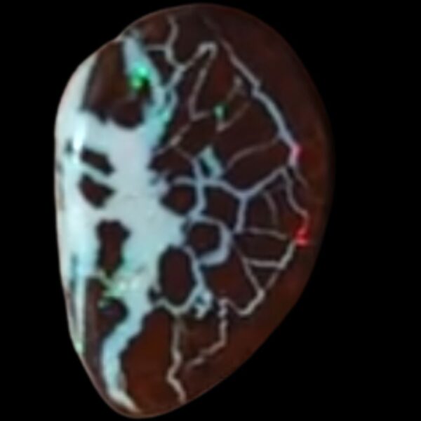 A close-up image of a vibrant Boulder Opal, showcasing its striking play of color with rich blues, greens, and fiery oranges. The stone's natural matrix of dark brown and black rock contrasts beautifully with the bright iridescent hues, highlighting its unique, organic texture., showcasing its striking play of color with rich blues, greens, and fiery oranges. The stone's natural matrix of dark brown and black rock contrasts beautifully with the bright iridescent hues, highlighting its unique, organic texture.