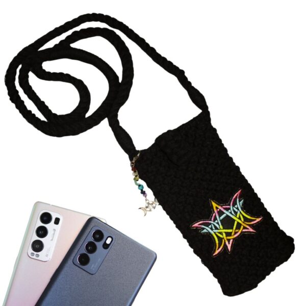 Macramé phone bag with intricate knot design and wooden handles, displayed with matching accessories including a keychain, tassel, and bracelet in neutral tones.