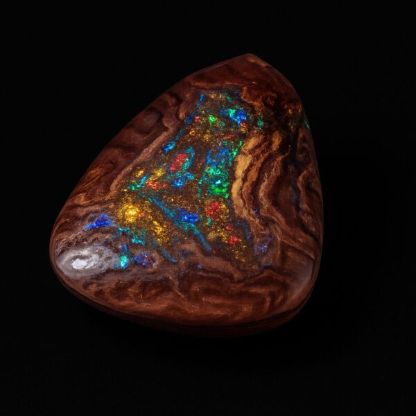 Image is of a boulder opal with bright rainbow coloured hues