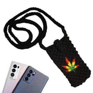 Macramé phone bag with intricate knot design and wooden handles, displayed with matching accessories including a keychain, tassel, and bracelet in neutral tones.