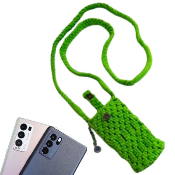 Macramé phone bag with intricate knot design and wooden handles, displayed with matching accessories including a keychain, tassel, and bracelet in neutral tones.