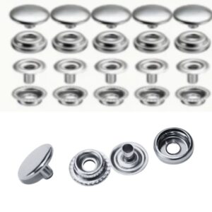 Image of 30 Sets 15mm Stainless Steel Snap Fasteners, showcasing their round button-to-cover design, durable stainless steel material, and sleek silver finish. Ideal for various craft projects.