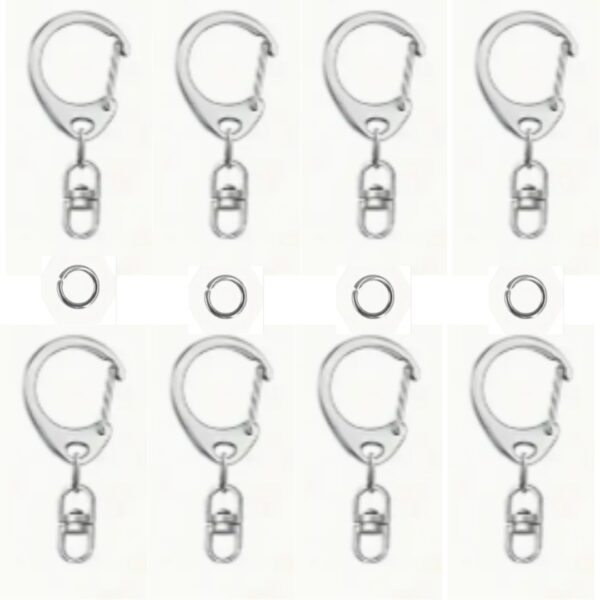 10PCS Metal C-Shaped Spring Lobster Clasps with swivel hooks and jump rings in a sleek silver finish. Durable and versatile for keychains, jewelry, and crafts.