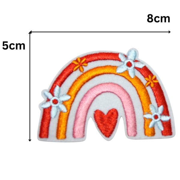A Iron On Patch Embroidered Rainbow, perfect for personalizing clothing, bags, and accessories. Easy to apply with heat, adding a retro touch to any project.