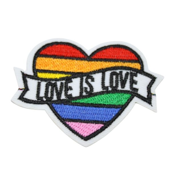 A LOVE IS LOVE embroided iron on patch, perfect for personalizing clothing, bags, and accessories. Easy to apply with heat, adding a retro touch to any project.