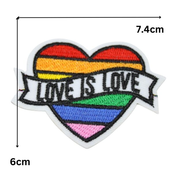 A LOVE IS LOVE embroided iron on patch, perfect for personalizing clothing, bags, and accessories. Easy to apply with heat, adding a retro touch to any project.