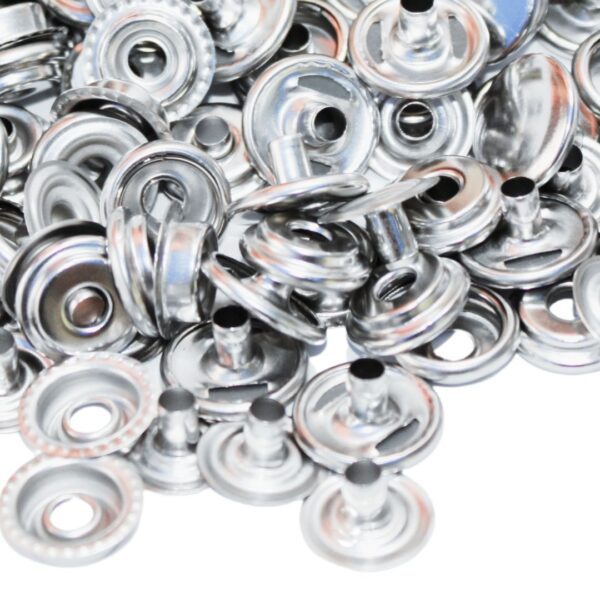 Image of 30 Sets 15mm Stainless Steel Snap Fasteners, showcasing their round button-to-cover design, durable stainless steel material, and sleek silver finish. Ideal for various craft projects.