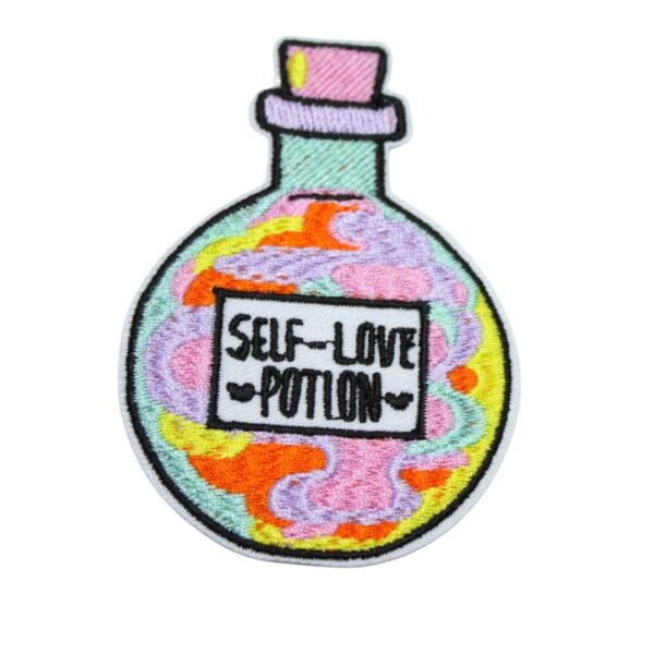 A Self love potion iron-on patch, perfect for personalizing clothing, bags, and accessories. Easy to apply with heat, adding a retro touch to any project.