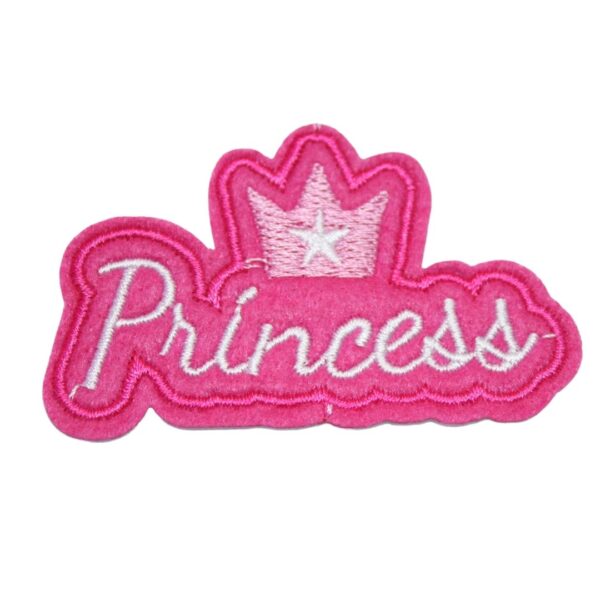 A PRINCESS embroided iron on patch, perfect for personalizing clothing, bags, and accessories. Easy to apply with heat, adding a retro touch to any project.