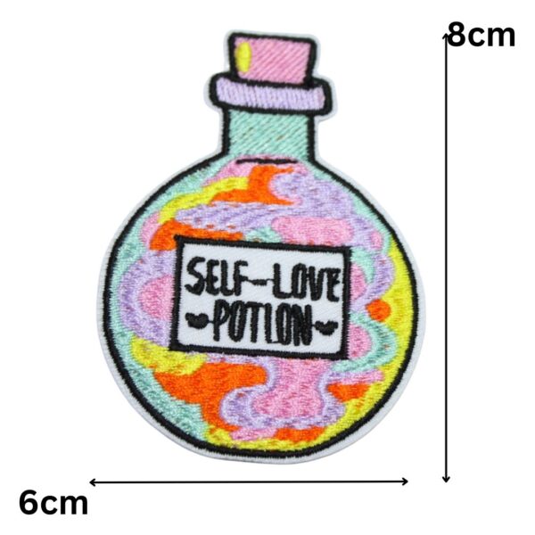 A Self Love Potion embroided iron on patch, perfect for personalizing clothing, bags, and accessories. Easy to apply with heat, adding a retro touch to any project.