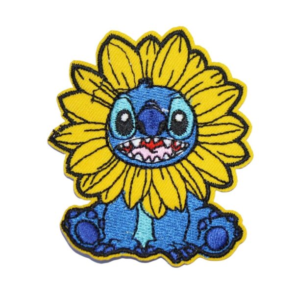 A SUNFLOWER STITCH embroided iron on patch, perfect for personalizing clothing, bags, and accessories. Easy to apply with heat, adding a retro touch to any project.