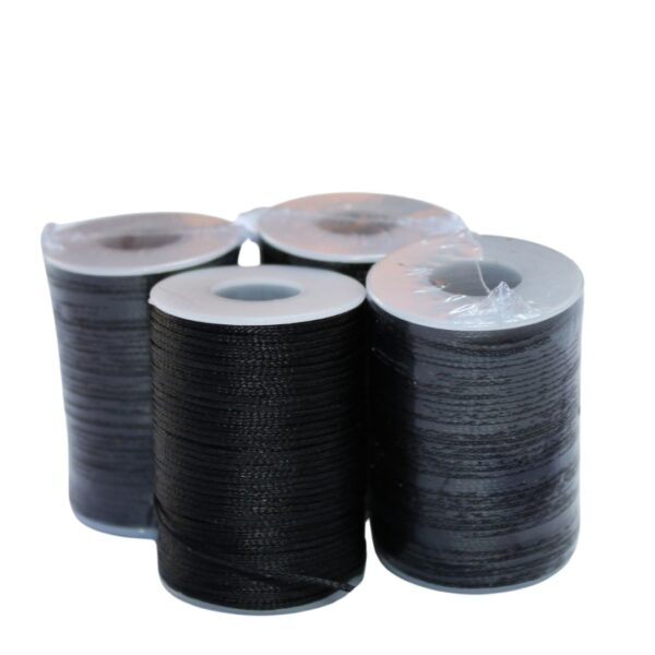 "70M 1.2mm black waxed flat thread made from durable polyester, ideal for leather crafting, sewing, and DIY projects. The thread is smooth and strong, perfect for creating intricate designs."
