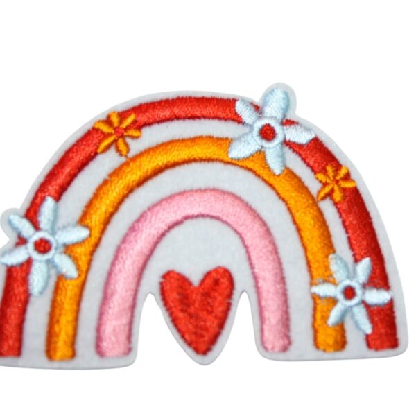 A Iron On Patch Embroidered Rainbow, perfect for personalizing clothing, bags, and accessories. Easy to apply with heat, adding a retro touch to any project.