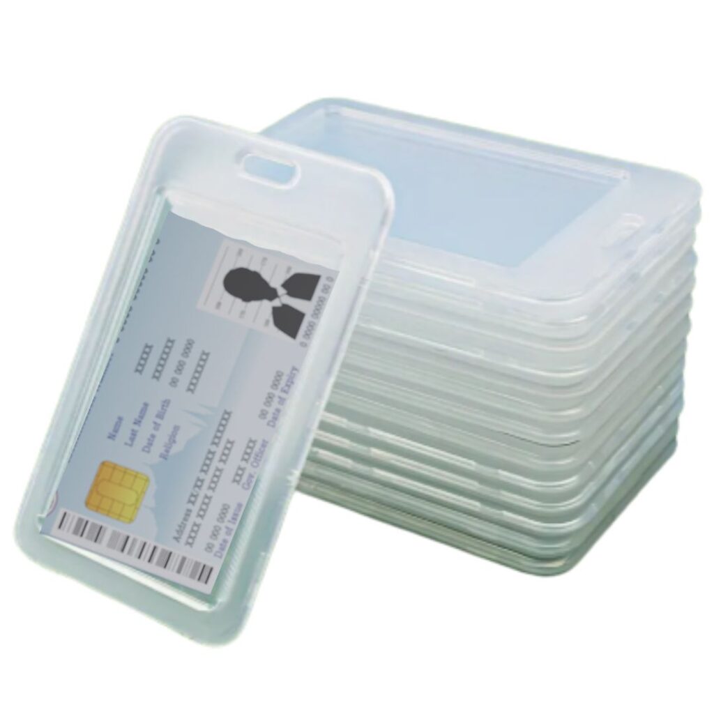 Image is of a deck of office ID protector holders with clear body and one template card in the front sleeve 