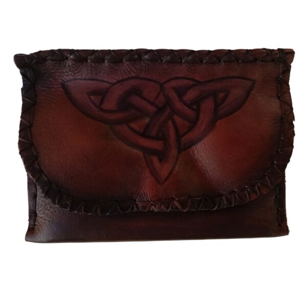 Image is of a leather embossed tobacco pouch with an embossed triquetra knot on it