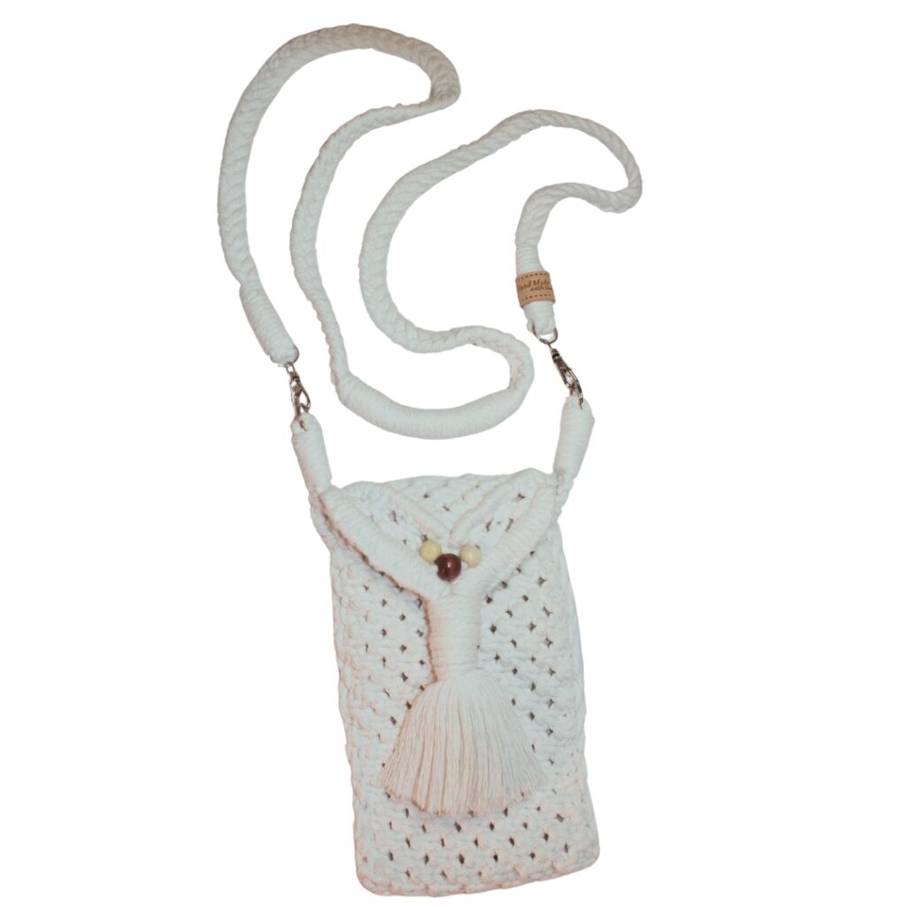 Image is of a White owl macrame phone bag