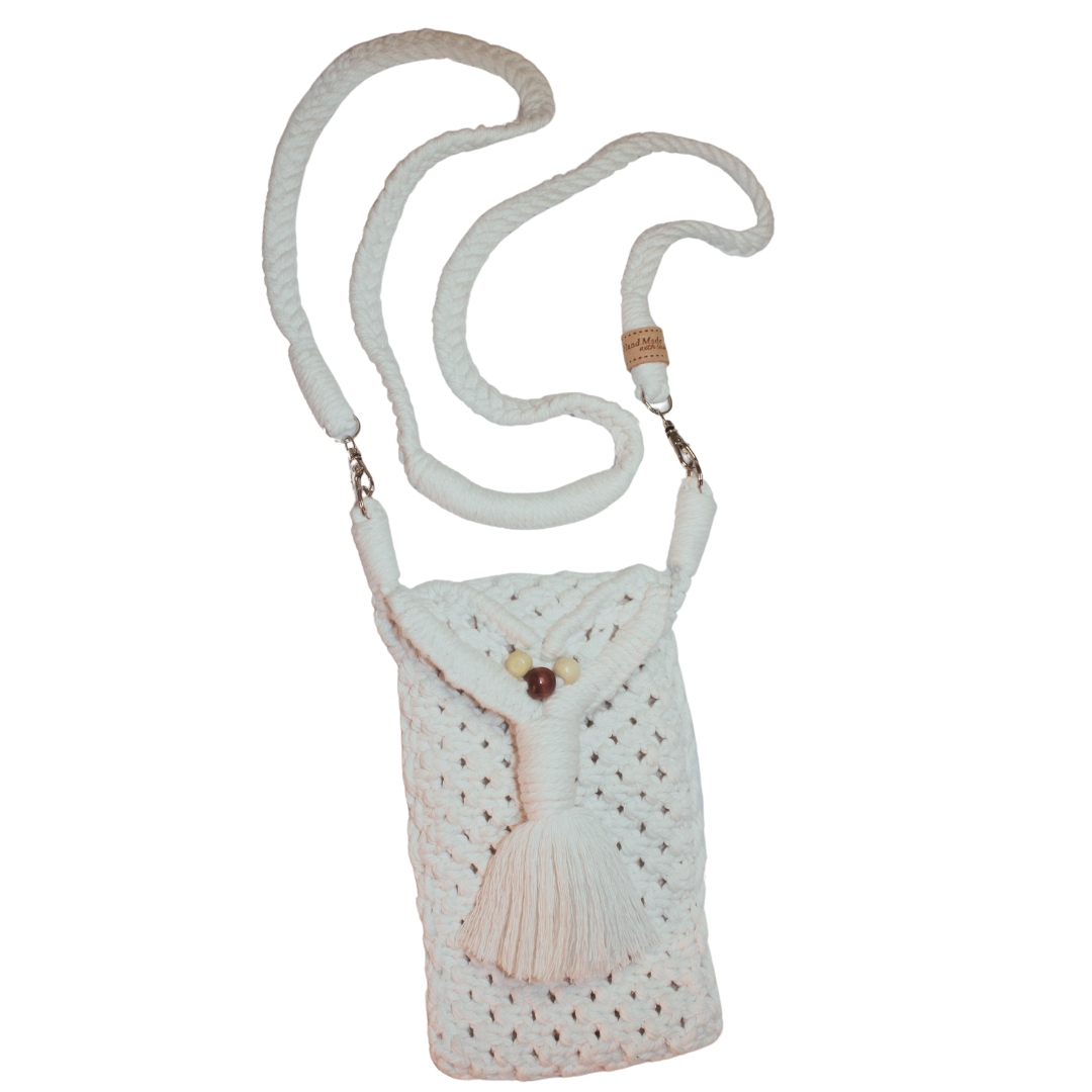 Image is of a white Owl Macrame phone bag with a thick strap 