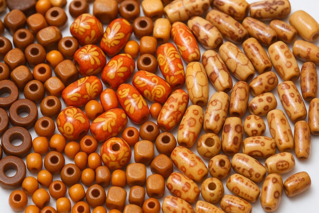 Image is of a large collection of vintage orange wooden tibet beads