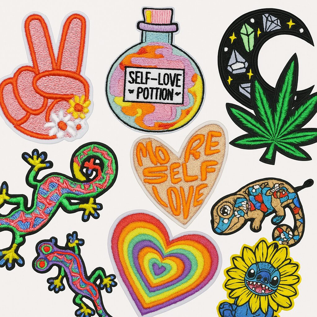 Image is of a variety of vibrant color iron on embroided patches for arts and crafts