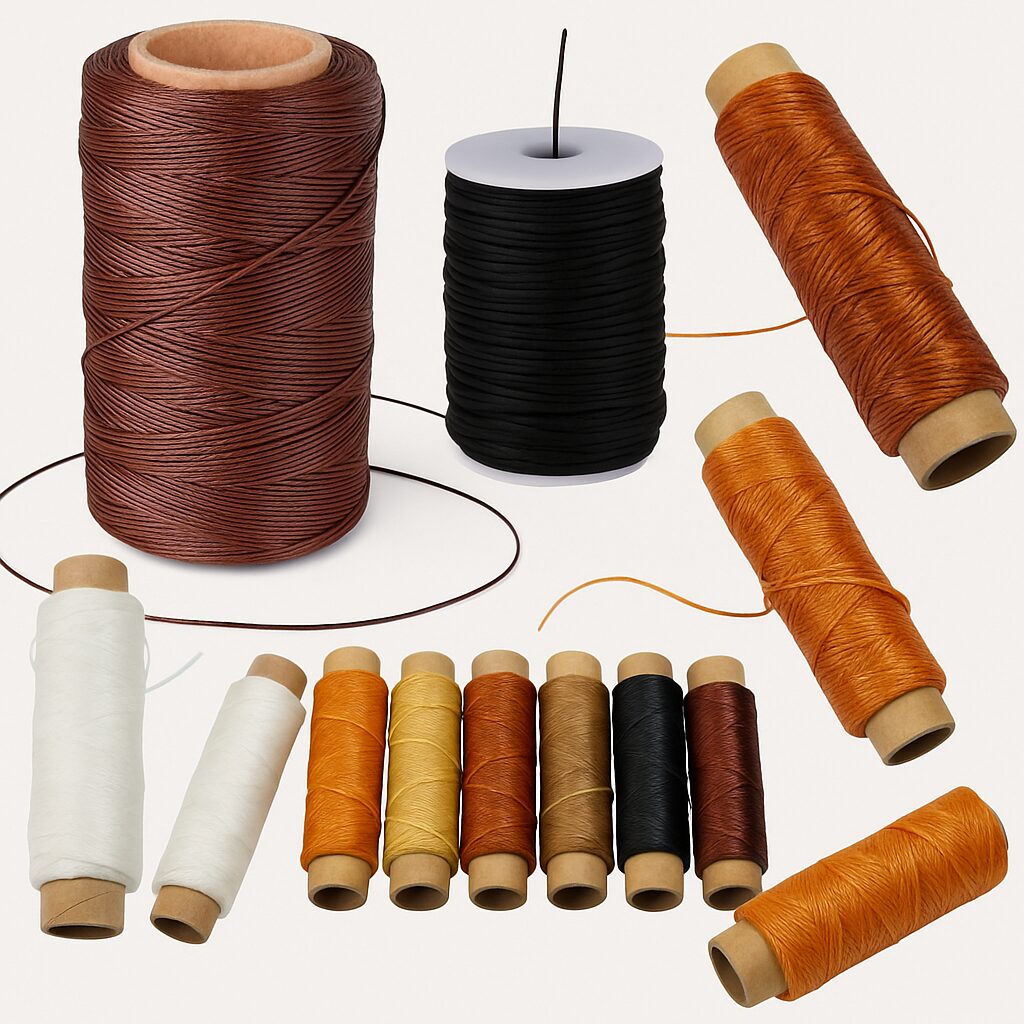 Image is of a variety of small and large wax cord thread that can be used for leather sewing