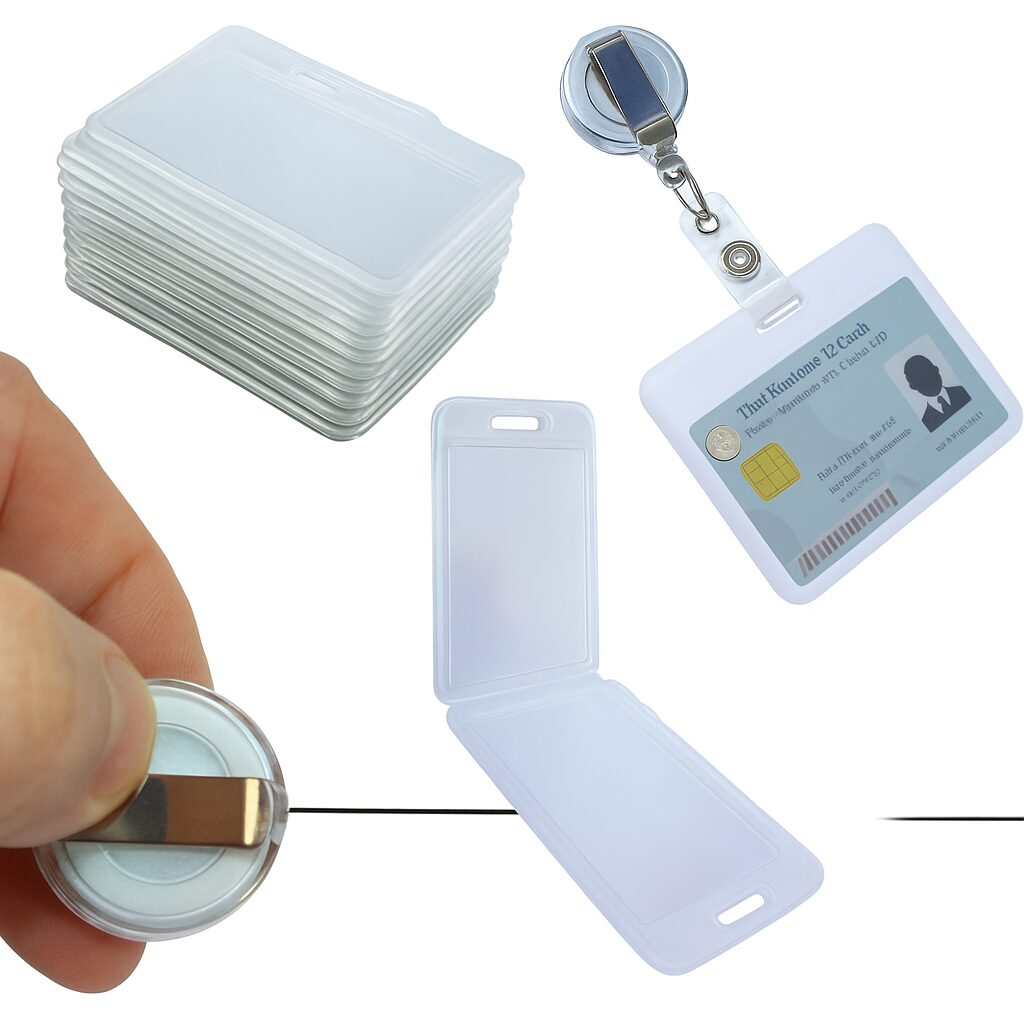Image is of office ID protector sleeves with a retractable clip and a fake ID in the front cover of the protector sleeve