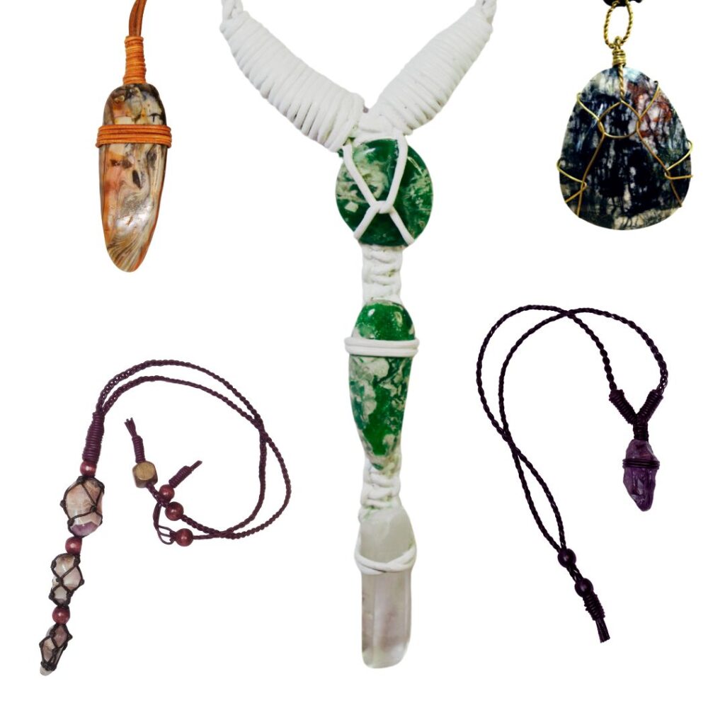 Image is of semi precious gemstone necklaces on macrame leather cord with beads