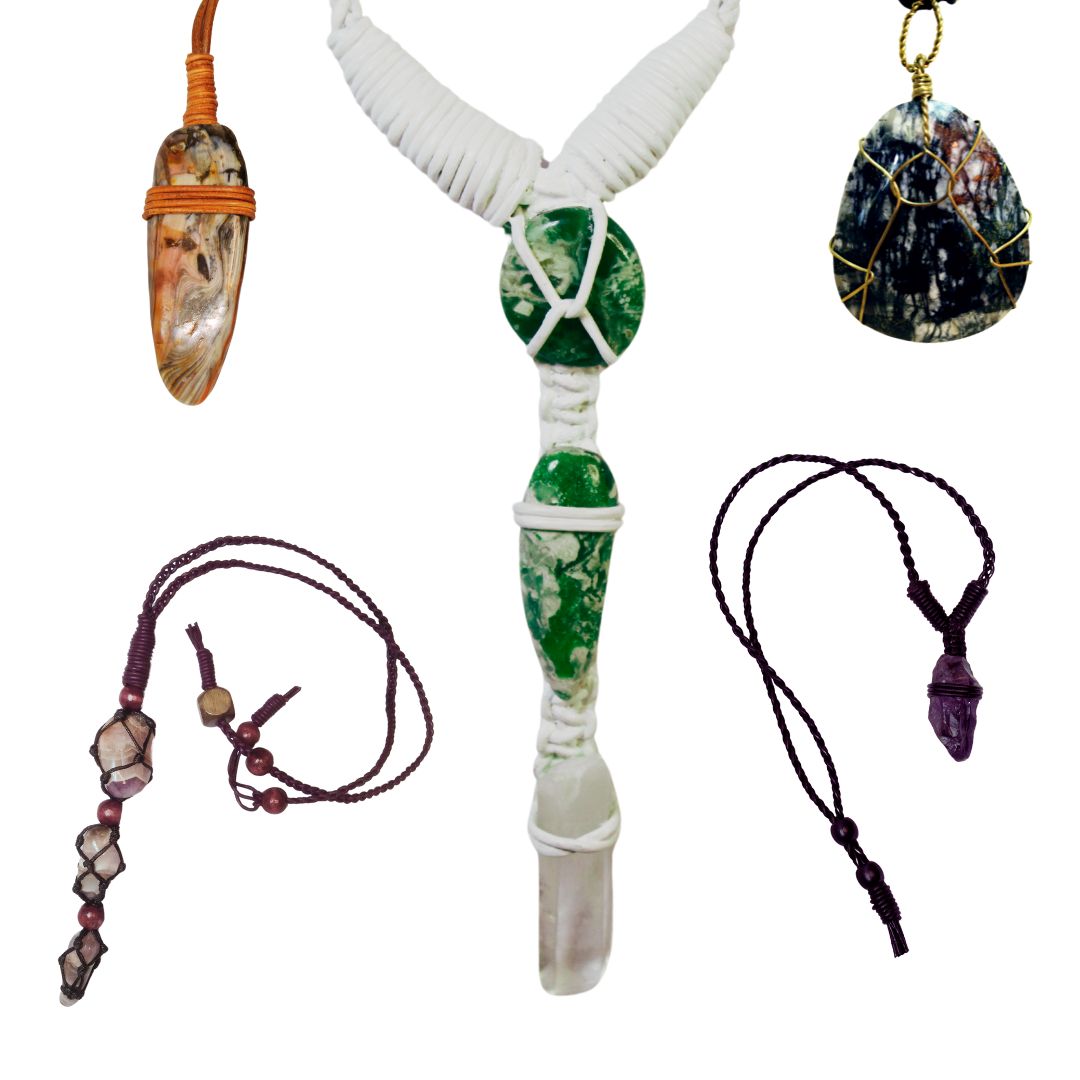 Image is of semi precious gemstone necklaces on macrame leather cord with beads 