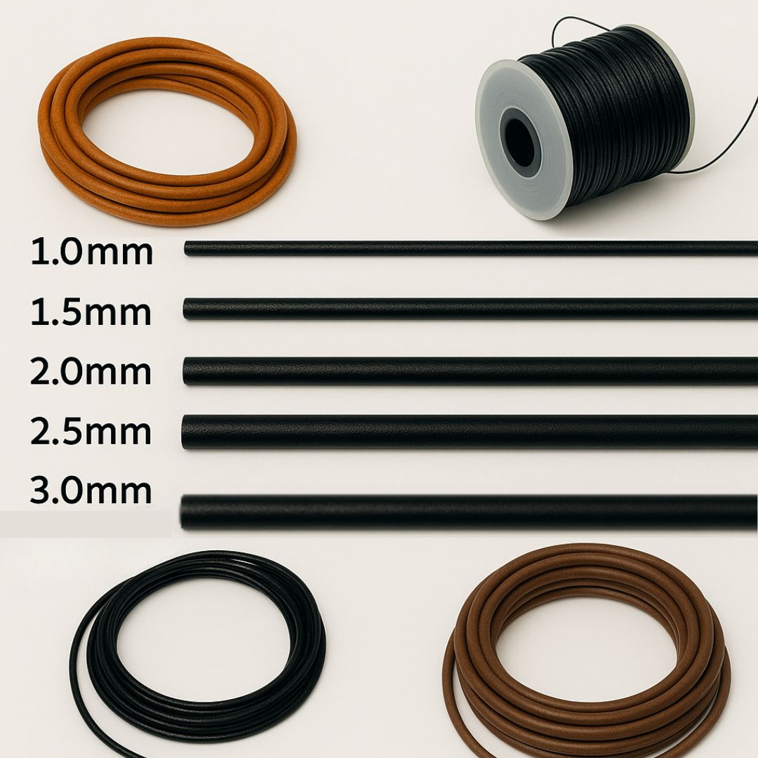 Image is of a variety of different mm and metre Vow hide leather cords ranging from sizes 1.0mm to 3.0mm long