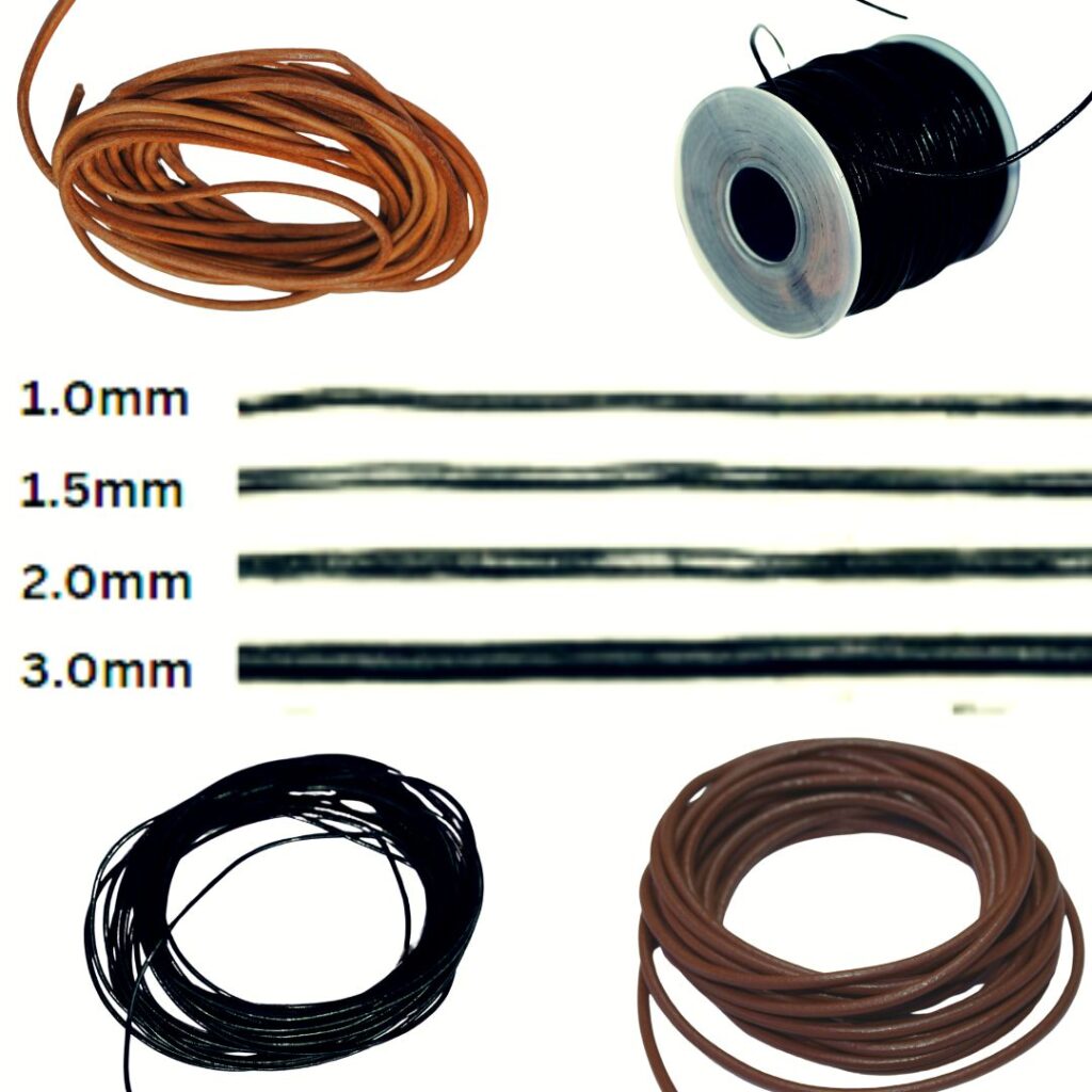Image of a variety of leather cords of different mm sizes and colors