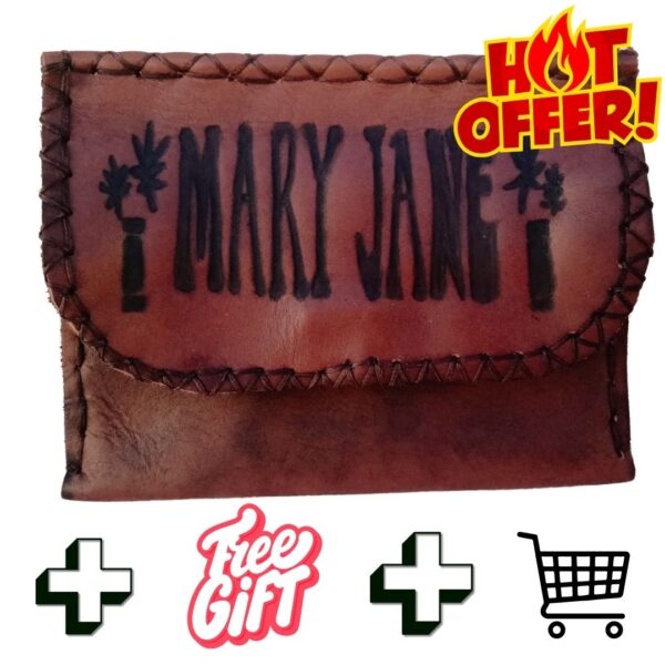 Alt image is of a tobacco pouch with mary jane embossed on front for knotic creations product page