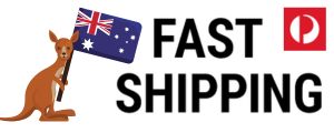 Image is of a fast shipping trust badge with a kangaroo holding an Australian flag
